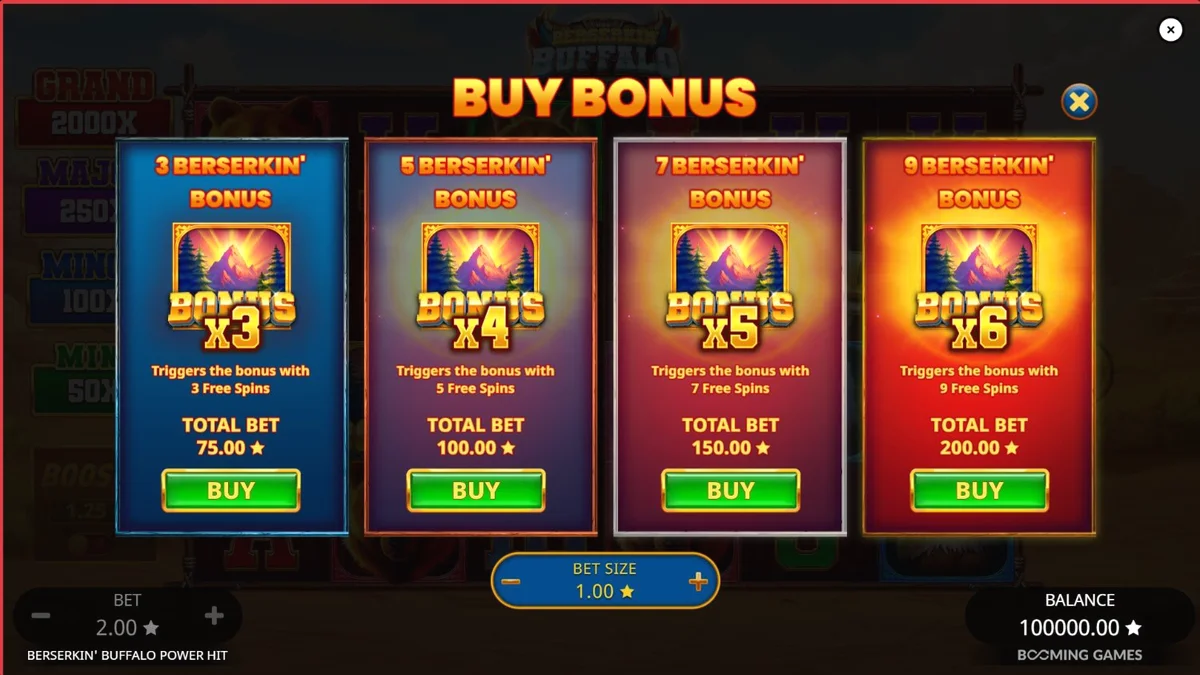 Pemandangan visual slot Beserkin’ Buffalo Power Hit dengan latar belakang badai dan simbol hewan liar.