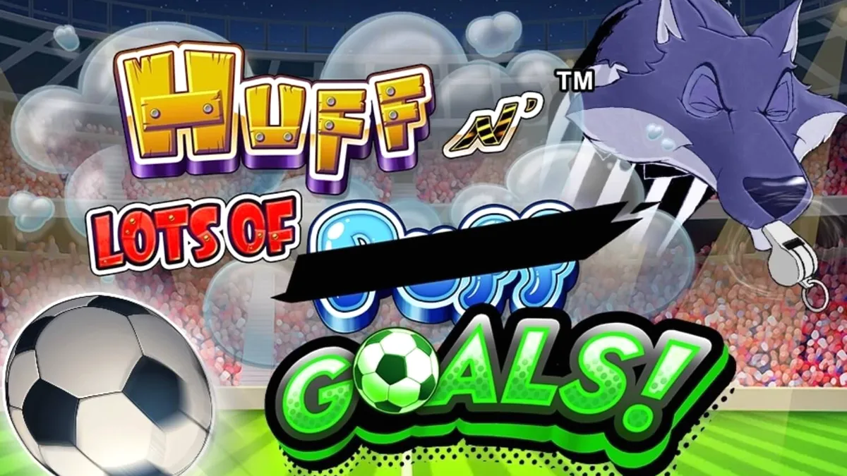 Tampilan layar ponsel saat memainkan slot Huff N' Lots of Goals dengan tema stadion sepak bola.